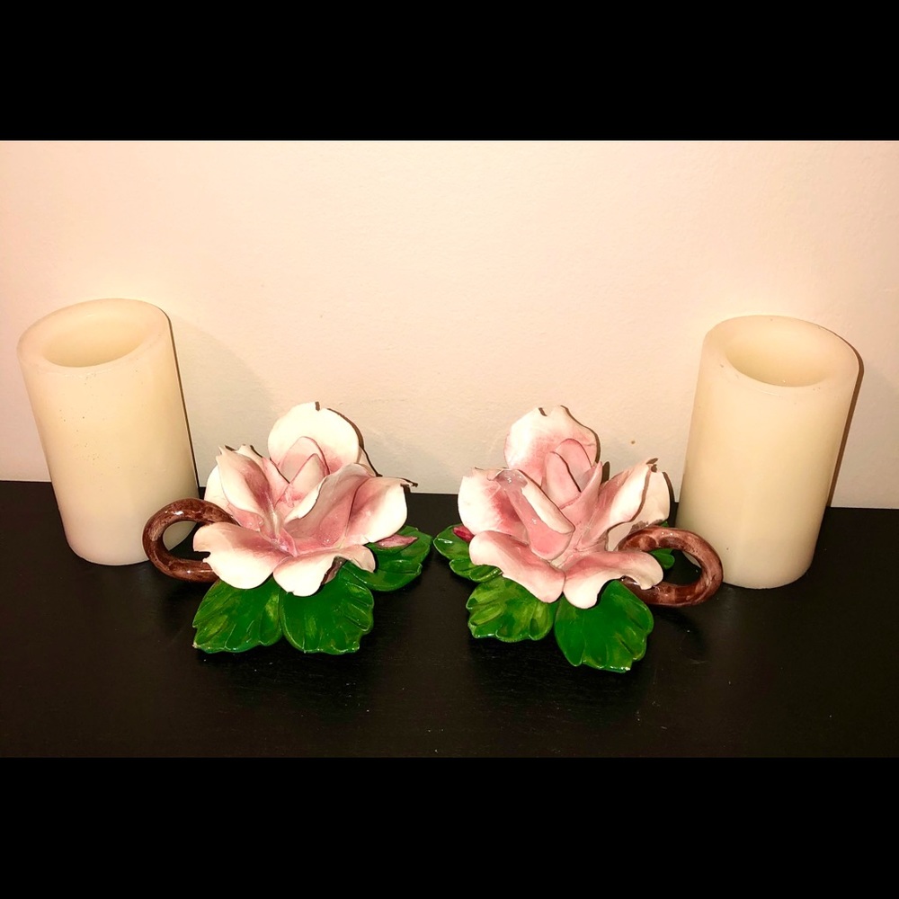 Capodimonte Vintage Pink Rose Candle Holders
